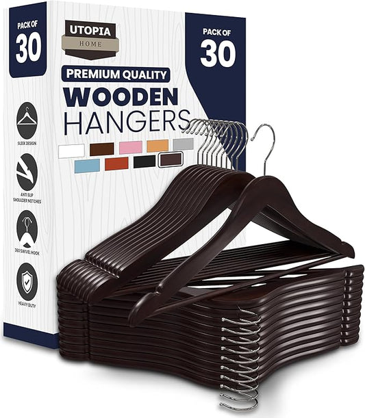 Utopia Home Premium Wooden Hangers 30 Pack - Durable & Slim Coat Hanger - Suit Hanger with 360-Degree Rotatable Hook - Wood Hangers with Shoulder Grooves (Brown)