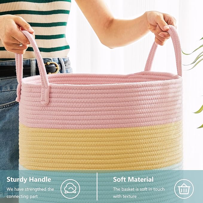 60L Laundry Hamper Basket for Baby Girls and Kids, Pastel Rainbow Unicorn Design, Woven Rope Nursery Basket for Blankets Toys in Playroom, 15Dx20H Inches Large Bedroom Hamper for Clothes