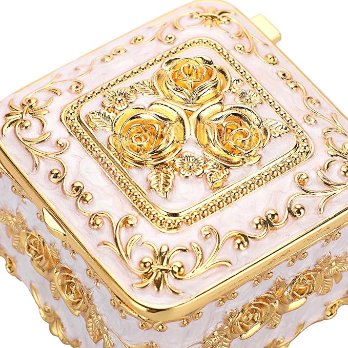 Hipiwe Vintage Jewelry Box Trinket Organizer Enameled Metal Treasure Chest Ring Holder Earrings Storage Case Decorative Keepsake Box Gift for Women, Small 3"x3"x2.4"