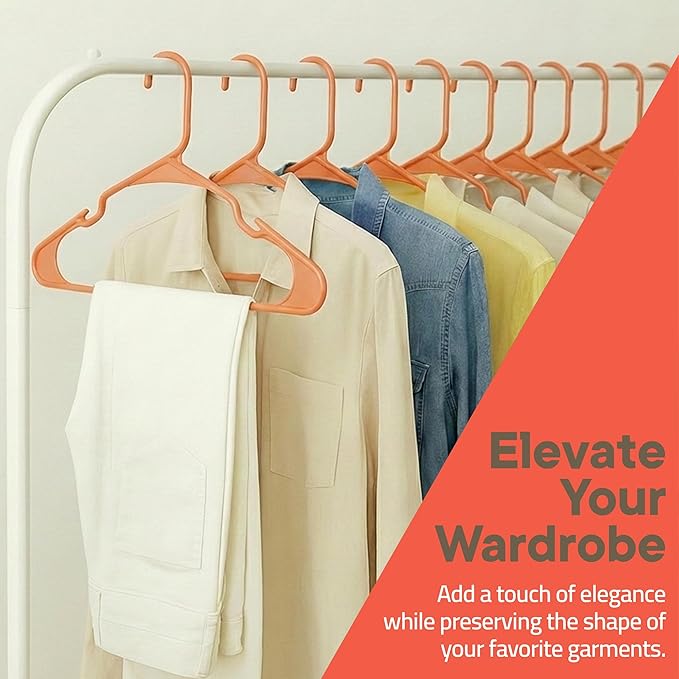 Plastic Clothes Hangers – Heavy Duty Hanger Set, for Organizing Clothes, Dresses, and Coat, Holds Up to 5 lbs, Space-Saving Hangers with Non-Slip Shoulder Grooves, Pack of 10, Orange
