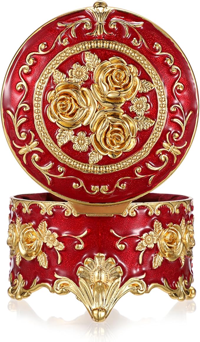 Hipiwe Vintage Metal Jewelry Box - Small Trinket Organizer Ring Box Case with Rose Pattern Jewelry Storage Box for Ring Earrings Necklace, Keepsake Box for Women,Red