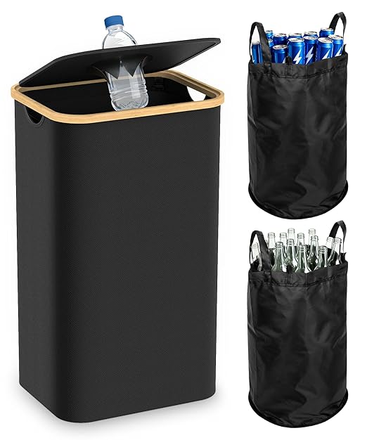Recycling Bins for Kitchen, 26 Gallon (100L) Recycle Bin with lid, Indoor Oxford Fabric Recycling Trash Can with 2 Pack Removeable and Reusable Inner Bags for Bottle Can Glass Plastic Sticker, Black