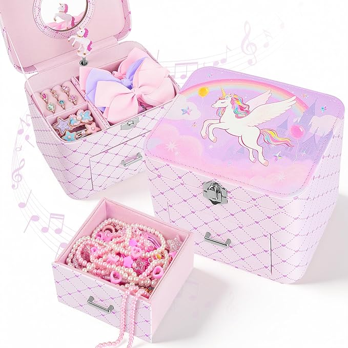 Basumee Musical Jewelry Box for Girls PU Leather Music Box with Drawer Large Kids Jewelry Organizer with Unicorn/Ballerina Jewelry Storage for Little Girls Ages 3–10, Birthday & Holiday Present