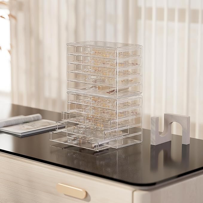 ProCase Acrylic Earrings Holder Organizer Box, Large Clear Earring Jewelry Storage Transparent Stackable Drawers Jewelry Display for Earring Ring Bracelet -Clear, 10 Layers