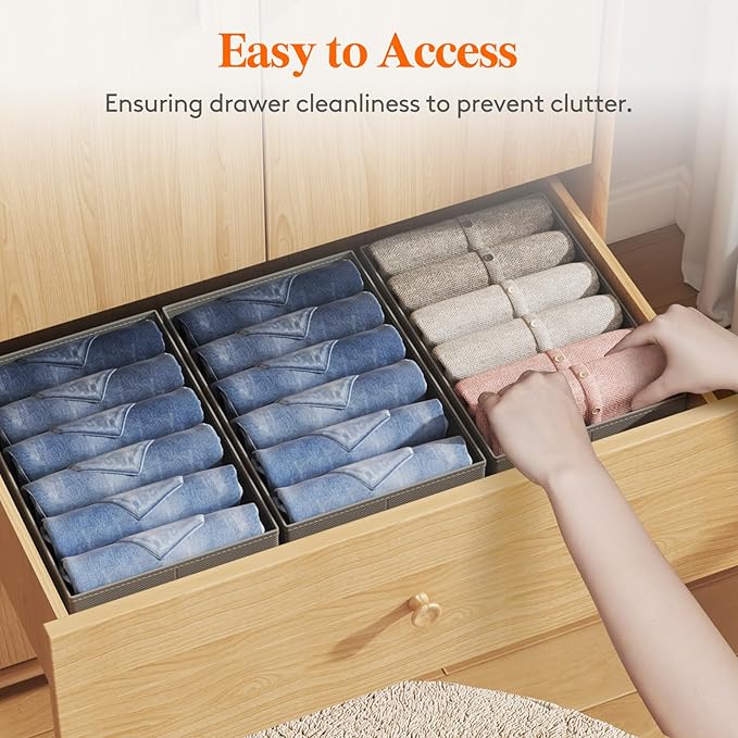 Lifewit 9 Pack Clothes Organizer, 6 Grids Closet Jean Storage Bins with Handles and Support Boards, Foldable Drawer Organizer for Sweater, Pants, T-shirt, Dress, Grey, Size 16.5''x10.6''x7.1''