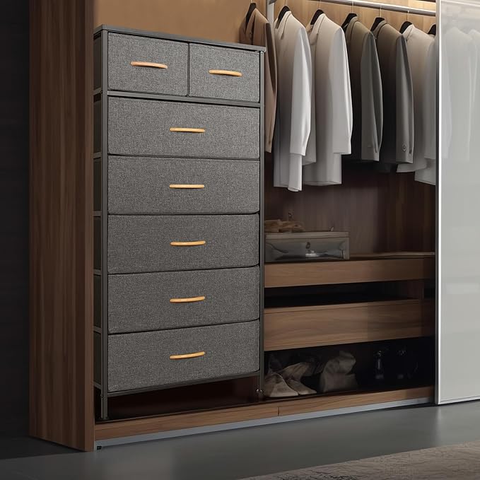 Mifuro Tall Dresser for Bedroom, Vertical Storage Organizer Tower with 7 Drawers, Chest of Drawers with Fabric Bins, Steel Frame, Wood Top for Bedroom, Closet, Entryway- Grey