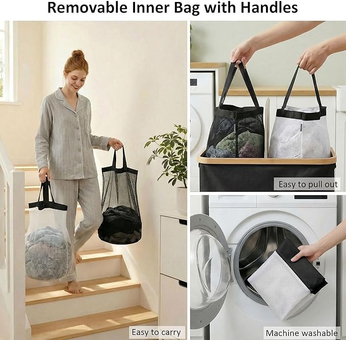 efluky Laundry Hamper with Lid, Double Laundry Hamper with 2 Removable Bags, 2 Section Laundry Basket with Bamboo Handles for Bathroom, Bedroom & Laundry Room, 140L (36.9 Gallon) Black