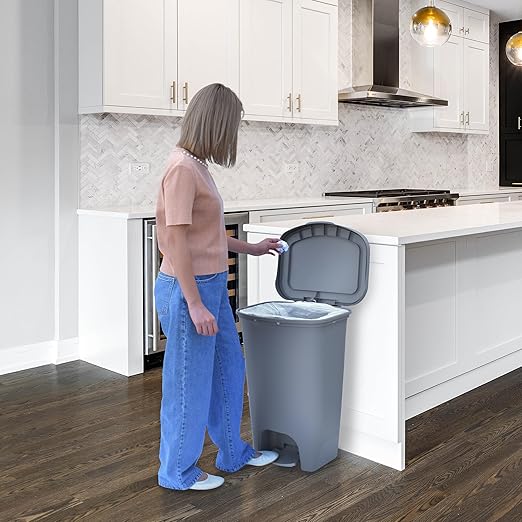 Glad Kitchen Trash Can | Large Plastic Waste Bin with Odor Protection of Lid | Hands Free with Step On Foot Pedal and Garbage Bag Rings, 13 Gallon, Grey