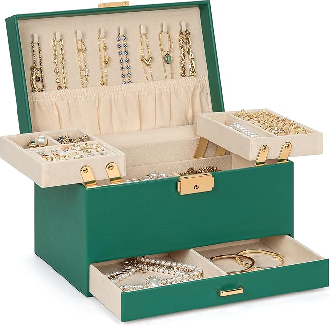 AKOZLIN Travel Jewelry Box Organizer Functional 2-trays Leather Jewelry Storage Case with Lockable Portable Drawer for Women Girls Ring Necklace Earring Bracelet