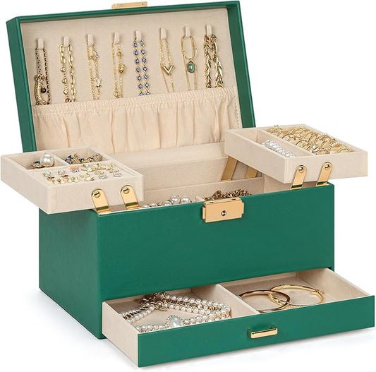 AKOZLIN Travel Jewelry Box Organizer Functional 2-trays Leather Jewelry Storage Case with Lockable Portable Drawer for Women Girls Ring Necklace Earring Bracelet