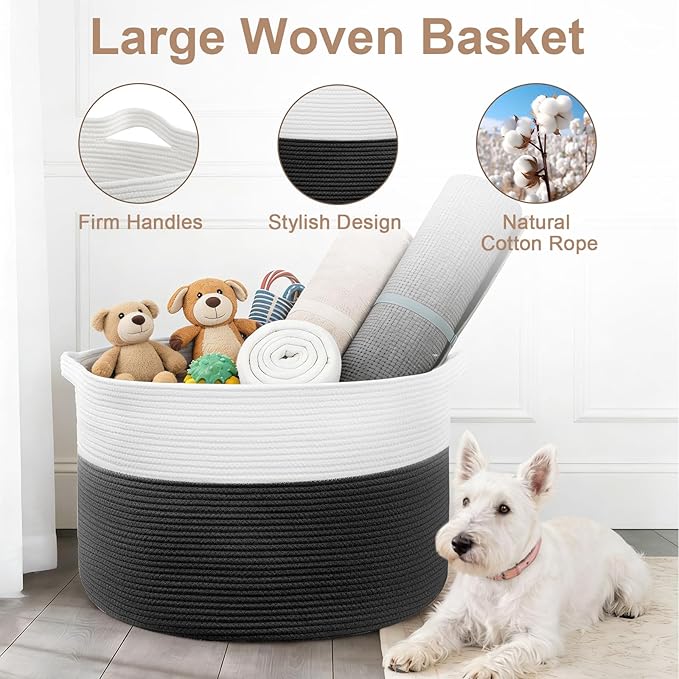 XXL Large Laundry Basket, 90L Soft Cotton Rope Basket, Blanket Storage and Organizers, Baby Nursery Laundry Hamper, Extra Large Toys Storage Bins for Kids 23'' x 13'', White & Black