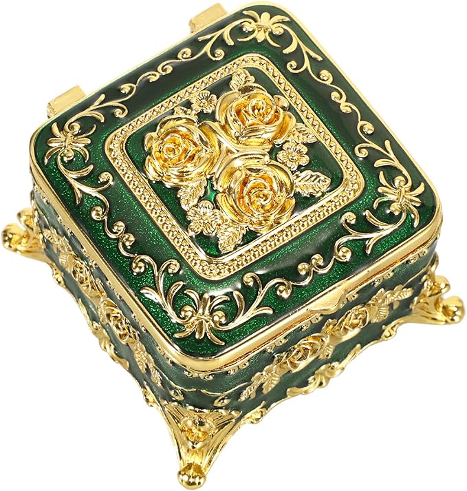 Hipiwe Vintage Jewelry Box Small Trinket Storage Organizer Box Gold Metal Chest Ring Case Treasure Chest Square Keepsake Boxes for Earrings Necklace Gift for Women,Green