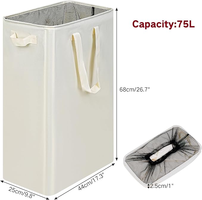 efluky Slim Laundry Basket, Narrow Laundry Hamper with Handles, Collapsible Dirty Clothes Hamper, Tall Laundry Bin for Laundry Room, Dorm and Bedroom, 19.8 Gallon (75L) Beige (Pack of 2)