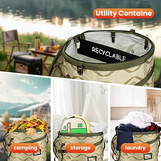 Pop-Up Trash Bin with Removable Divider, Heavy Duty Bottom, Collapsible Storage for Camping, Laundry, Storage and Garden, Waterproof and Tear Resistance Material with Air Vent, Green