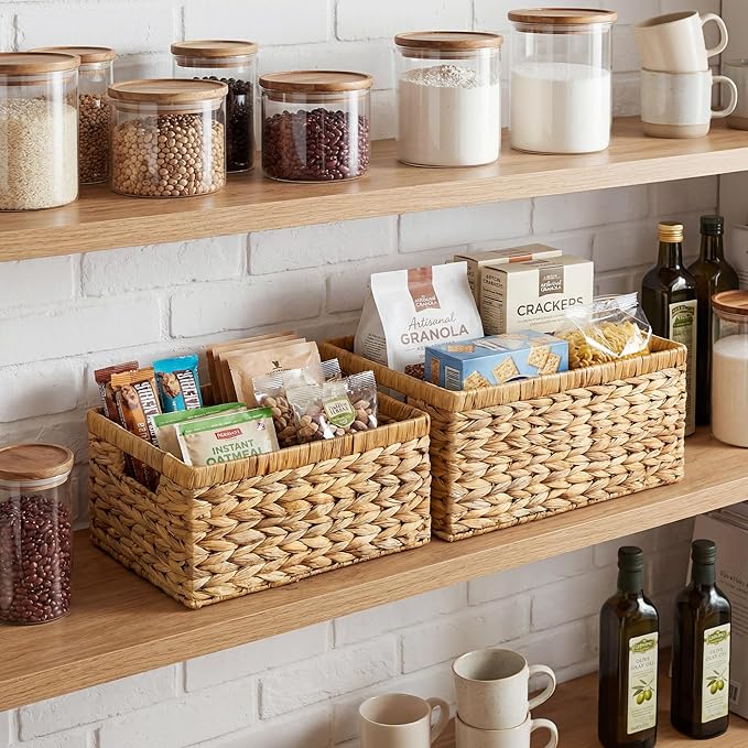 StorageWorks Wicker Storage Baskets, Handwoven Water Hyacinth Basket for Organizing, Decorative Organizers with Built-in Handles, Set of 2