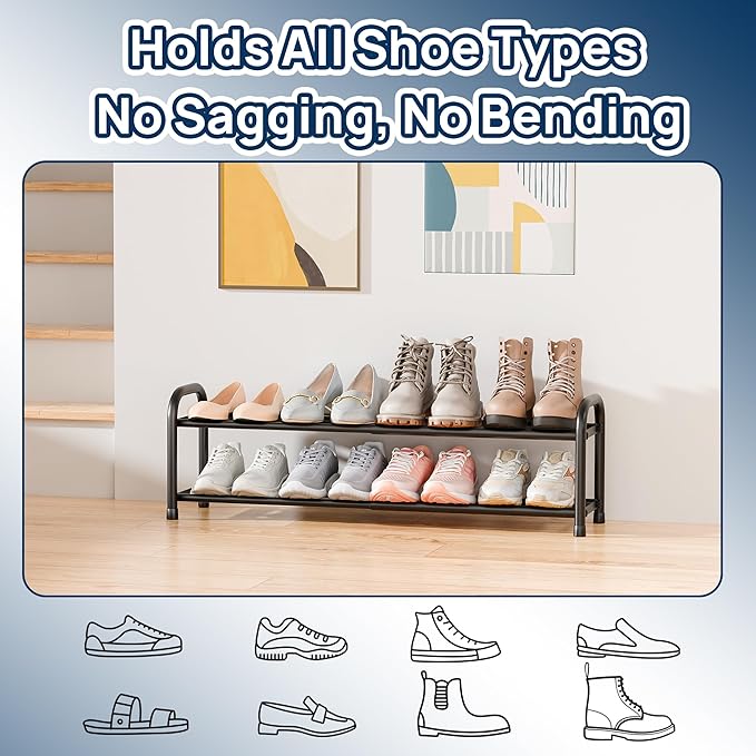 ENJOYBASICS 2 Tier Expandable Shoe Rack for Closet, Free Standing Metal Shoe Shelf Storage Organizer Holder 8 Pairs, Adjustable Width Shoe Rack for Entryway Small Space, Black