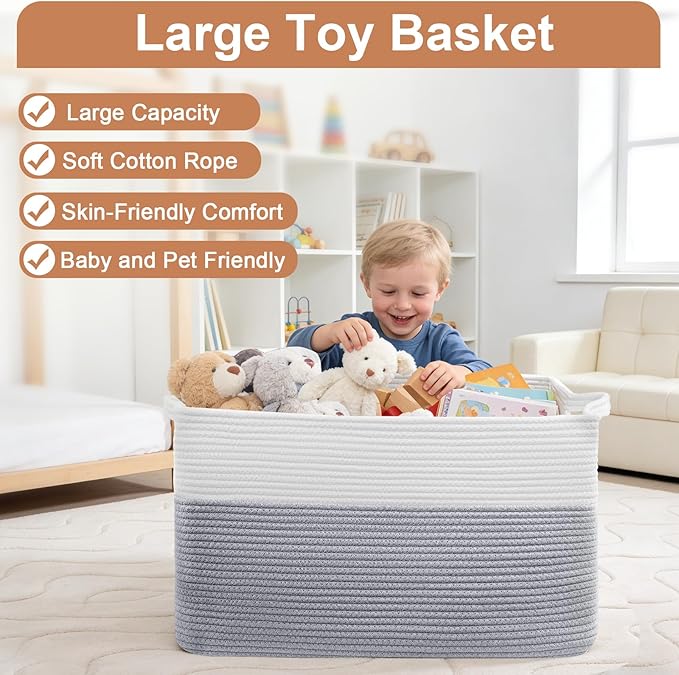 75L Large Blanket Basket, Rectangular Cotton Rope Basket, Laundry Hamper for Blankets, Pillows, Extra Large Toys Storage Bins for Kids, Dogs 22" x 17" x 12", White & Gray