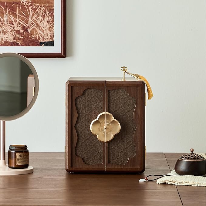 Lockable Walnut Jewelry Box with Key, 5-Layer Jewelry Organizer Storage Box for Necklaces, Rings, Earrings & Bracelets - Mothers Day Gifts for Mom