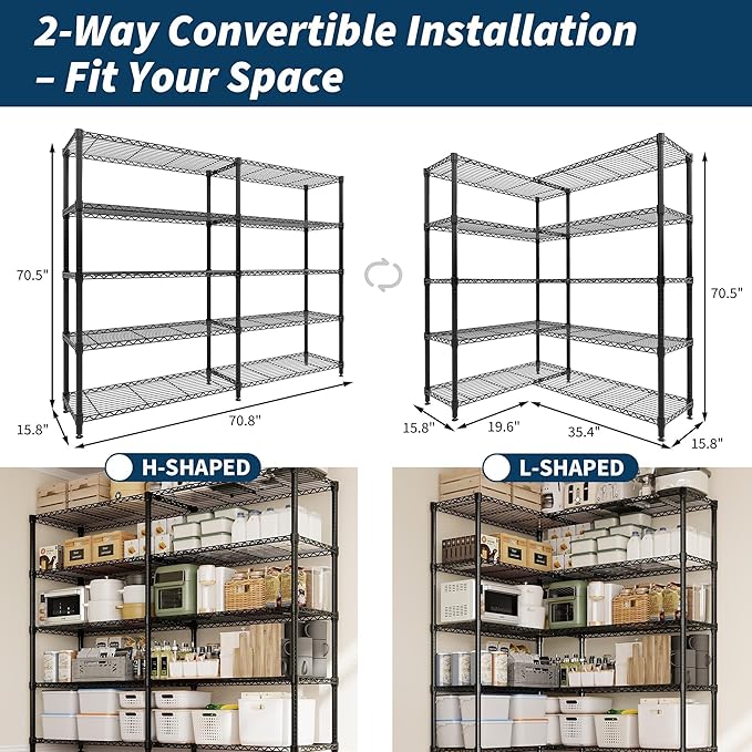 Garvee 71"Wide Storage Shelves Metal Shelving Units 5 Tier, Wire Shelving Rack 1325LBS Heavy Duty Adjustable for Storage, 71"W x 15.8"D x 70.5"H Standing Shelf Unit, for Kitchen Garage Pantry Basement