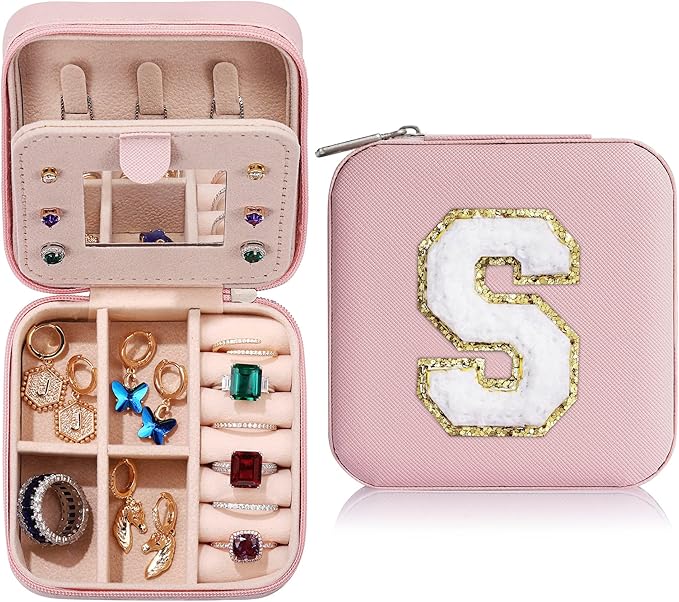 Parima Gifts for Women - Travel Jewelry Case for Mother Gifts | Travel Gifts for Mother Mom from Daughters | Travel Essentials Small Jewelry Box | Jewelry Travel Organizer - Letter T, Pink