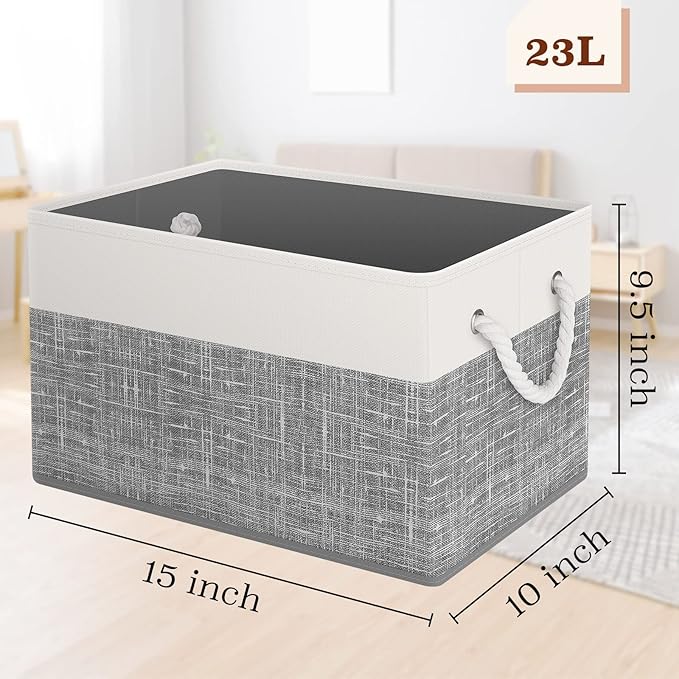 StorageTastic Storage Bin,Collapsible Storage Basket For Organizing,Large Storage Boxes With Rope Handles,Storage Containers,White & Grey,2 Pack