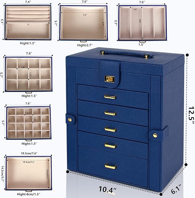 AKOZLIN Large Jewelry Box Organizer Functional with Big Mirror, Leather Jewelry Storage Case for Women Girls Ring Necklace Earring Bracelet Holder Organizer Blue