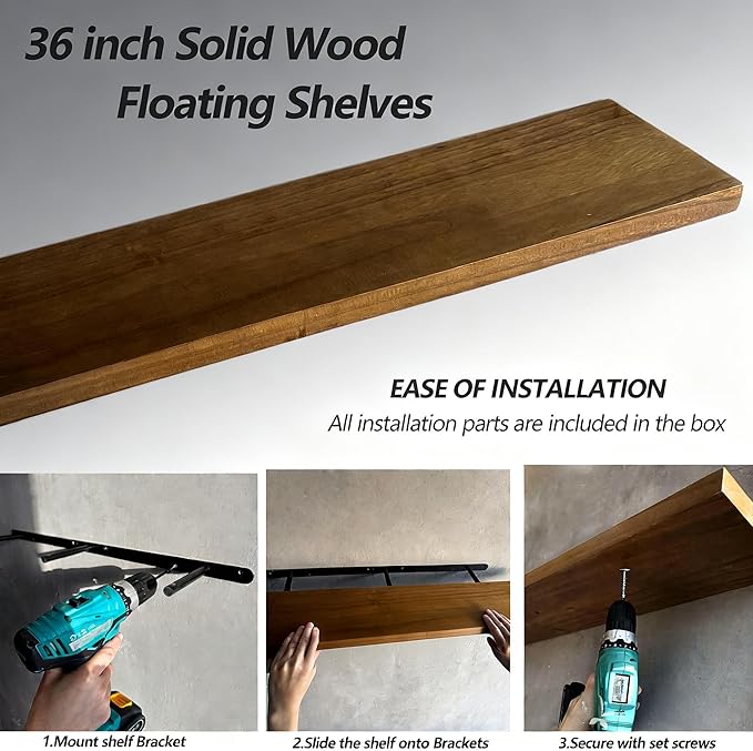 ROGMARS 36 Inches Long Walnut Floating Shelves,Rustic Solid Wood Farmhouse Wall Shelves with Invisible Brackets for Bathroom, Living Room, Bedroom, Kitchen Set of 2