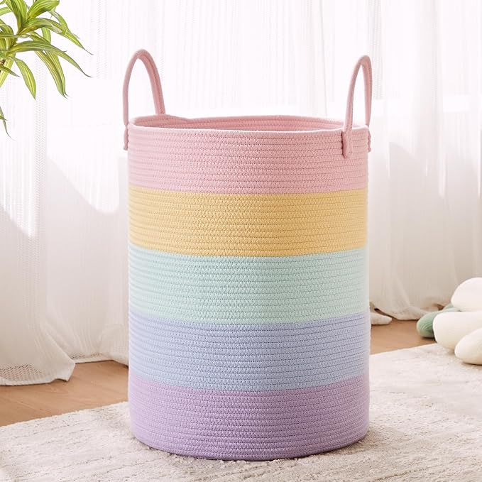 15Dx20H inches Large Baby Girls Kids Hamper Rainbow Laundry Basket for Nursery Clothes Pastel Unicorn Woven Hamper Tall Blanket Basket in Playroom Bedroom 62L