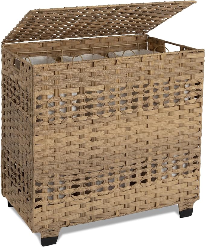 OIAHOMY Laundry Hamper with Lid, 140L Clothes Hamper with 3 Removable Liner Bags, Foldable Basket with Lid, Synthetic Wicker Laundry Basket for Bedroom, 27x 13 x 26 Inches, Yellow