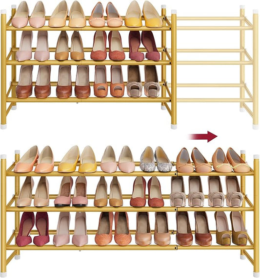 Tajsoon Expandable Shoe Rack for Closet 3 Tier, 28“-41“Adjustable & Stackable Shoe Shelf Storage, Metal Shoe Rack Organizer for Front Door Entrance, Closet, Garage, Entryway, Gold