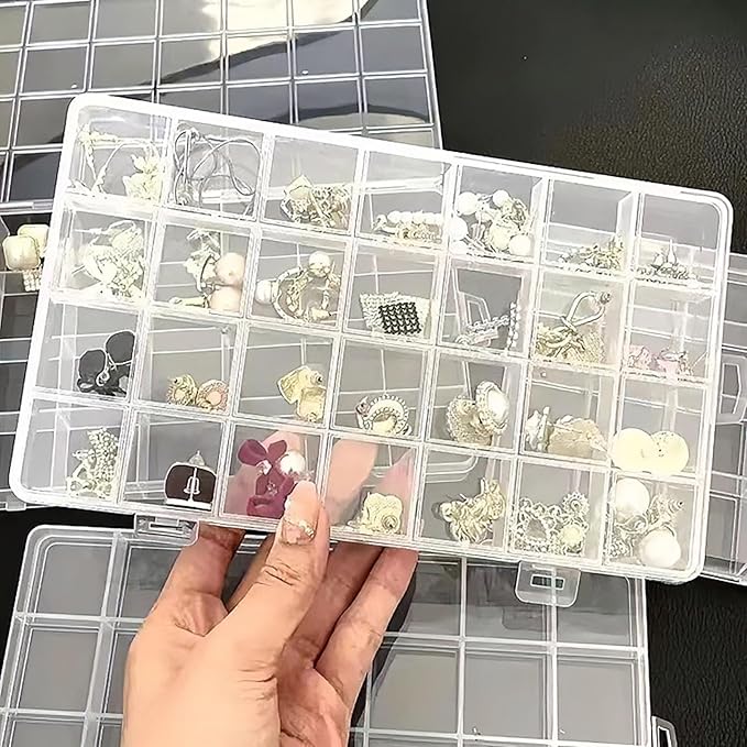 Yansanido 24 Grids Jewelry Organizer, 2 Pcs 7.5 In x 5.2 In Fixed Clear Plastic Storage Box Earring Tool Small Items Containers (2)