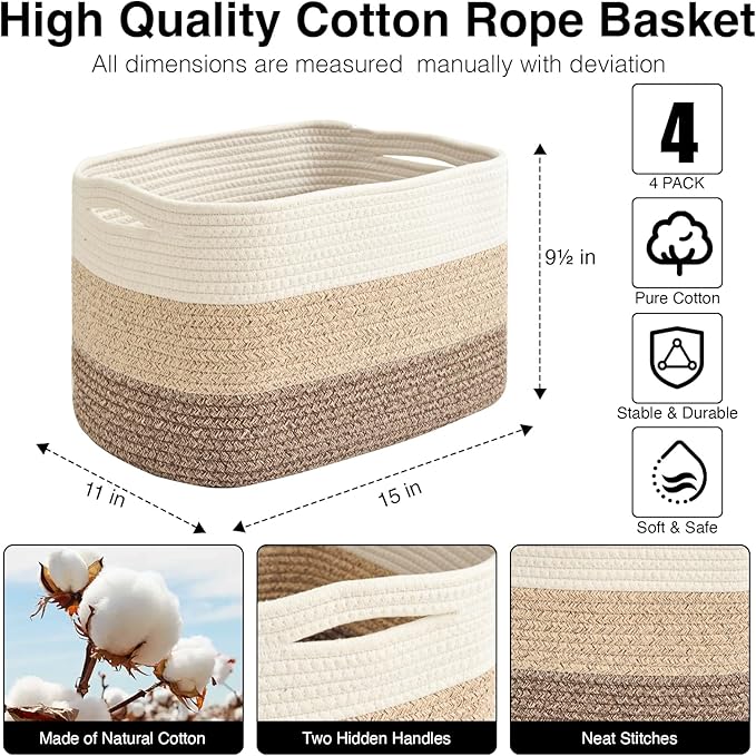 ICERZCZ Storage Baskets for Organizing & Shelves, Woven Cotton Rope Organization Bins for Dog Toys, Clothes, Books, Nursery Organizer, 15"Lx11"Wx9.5"H, (4 Packs) Gradient Brown