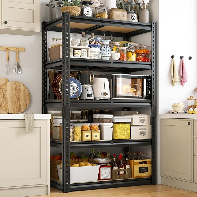 5 Tier Storage Shelves 2020LBS Garage Shelving,Adjustable Heavy Duty Metal Shelving Unit Utility Rack for Garage,Kitchen Pantry Shelf for Warehouse,Closet,Commercial,28" W x 12" D x 59.8" H,Black