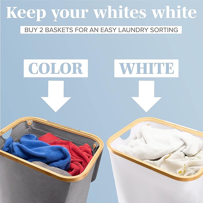 LONBET Laundry Basket with Lid, Made from Breathable Fabric | Aesthetic Clothes Hampers for Laundry with Side Handles & Sturdy Bamboo Frame (26 Gallons - Single, Light Gray)