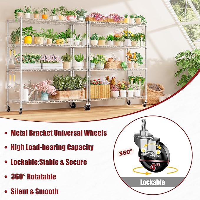 PrimeZone 4 Tier 55.5" Wx24 Dx76 H Wire Shelving with Wheels 2400lbs NSF Certified Storage Shelves Heavy Duty Metal Shelf Adjustable Rolling Rack Commercial Garage Restaurant Warehouse Chrome 2Pack