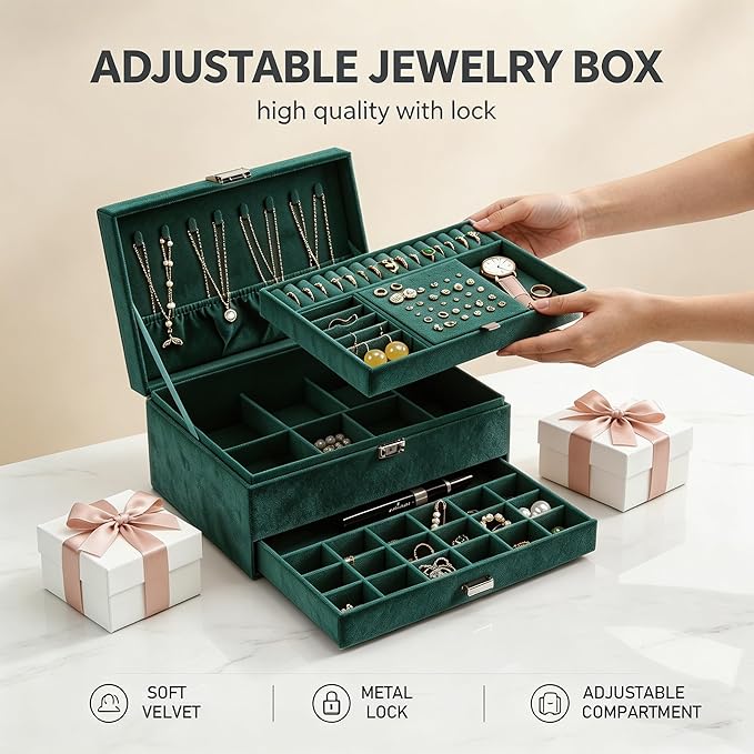 Jewelry Organizer Box for Women Girls, Jewelry Box 3-Tier Jewelry Display Case and Organizer,Lockable Jewelry Display Case Anti Tarnish,Varying Compartments for Necklaces, Bracelets, Rings