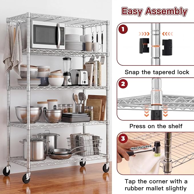 PrimeZone 2 Pack Steel Storage Wire Shelving 5 Tier Metal Shelves with Wheels,Adjustable Kitchen Utility Shelving Unit,Pantry Rack Rolling Metal Shelf Laundry,Chrome 24" Wx18 Dx75 H