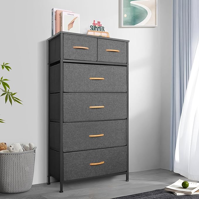 Mifuro Tall Dresser for Bedroom, Vertical Storage Organizer Tower with 6 Drawers, Chest of Drawers with Fabric Bins, Steel Frame, Wood Top for Bedroom, Closet, Entryway- Grey