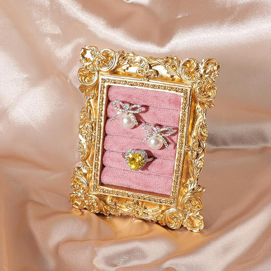 Vintage Ring Holder Rectangle Gold Velvet Display Stand - Baroque Jewelry Organizer Box Tray for Wedding Engagement Anniversary Women Birthday Christmas Gift Photograph Prop (MPF05-Gold Pink)