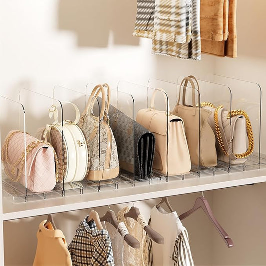 JOYZAN Stackable Purse Organizer for Closet, Adjustable Closet Purse Organizer, Clear Acrylic Shelf Dividers, Detachable Handbag Storage Separator Dividers for Home, Office - 2 Pack