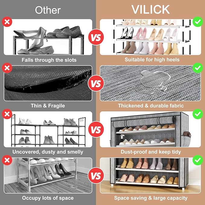 VILICK Shoe Rack with Cover Narrow Shoe Organizer with Pockets 10 Tier Tall Shoe Storage Holds 36-41 Pairs Shoes and Boots Shoe Rack for Closet Entryway Garage, Printing