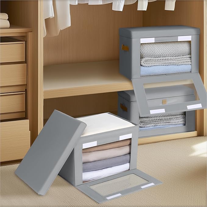 Homsorout Small Fabric Storage bins - Collapsible Storage Bins with Open Window, 6 Pack Closet Baskets for Shelves, Stackable Decorative Boxes for Home, Dorm, Grey, 13.7"x 9.8" x 9.8"