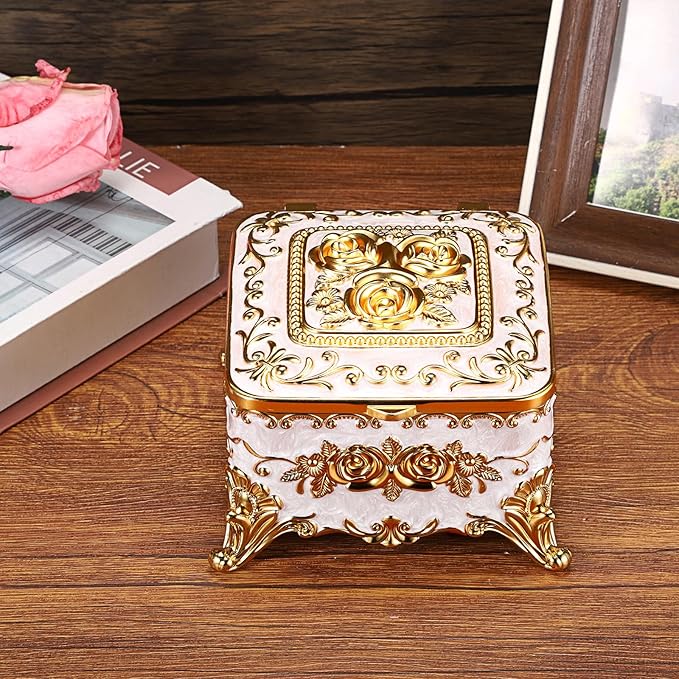 Hipiwe Vintage Jewelry Box Rectangular Trinket Chest Metal Treasure Holder for Ring Earrings Organizer Keepsake Box Gift for Woman, Beige, 5.1" L x 5.1" W x 3.1" H