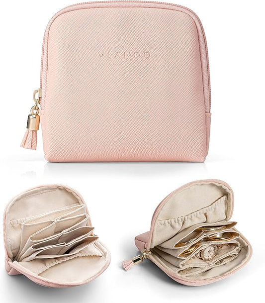 VLANDO Small Travel Jewelry Organizer,Jewelry Pouch Bags,Velvet Jewelry Storage Bag for Bracelet Rings Earring,Portable Jewelry Travel Case for Traveler-Pink
