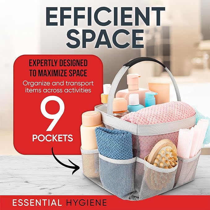 Masirs Mesh Shower Caddy – 9 Pocket Portable Shower Caddy Organizer for College Dorm, Travel, Gym, Bathroom – Quick Dry, Lightweight Tote Bag for Toiletries & Essentials, Gray