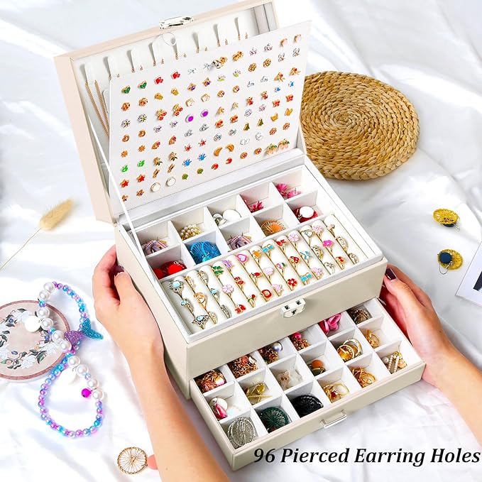 QBestry Earrings Jewelry Box for Girls, 5 Layers Jewelry Organizer with Earring Holder Organizer for Girls Earring Organizer Jewelry Boxes for Women Earrings and Necklaces Jewelry Box Organizer Beige