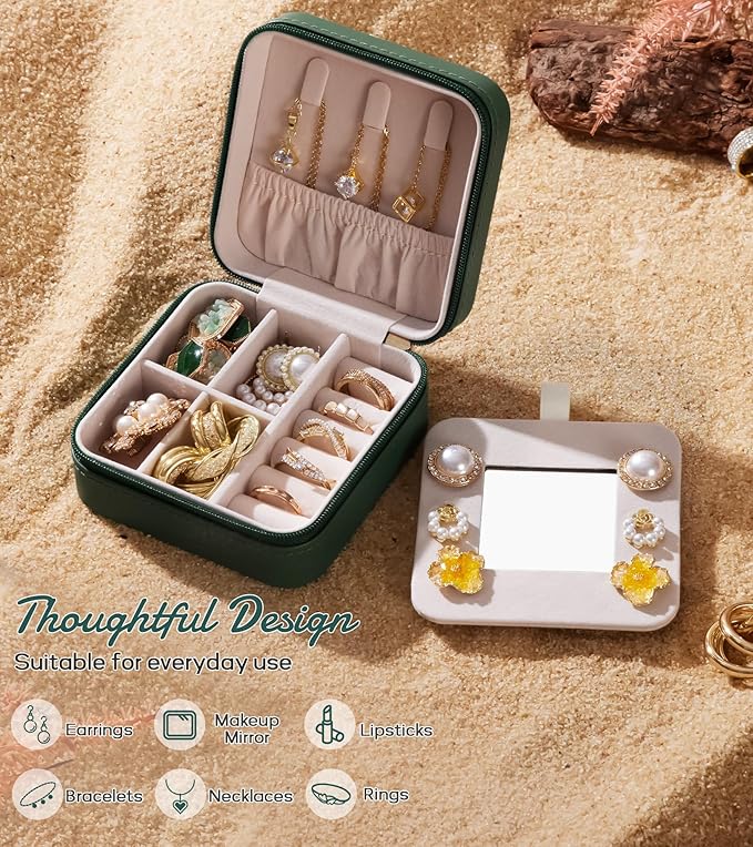 Enthralite Travel Jewelry Box for Gift: Traveling Jewelry Case for Girls Women - Mini Organizer for Necklaces Earrings Green M