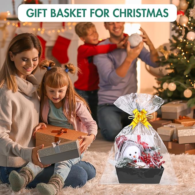 AFOROEOA 6PACK Black Baskets For Gifts Empty, 10x12”Thick Black Gift Basket with 6 Bows 6 Bags Empty Gift Baskets for Christmas Thanksgiving Wedding Birthday Party Wrapping Gift