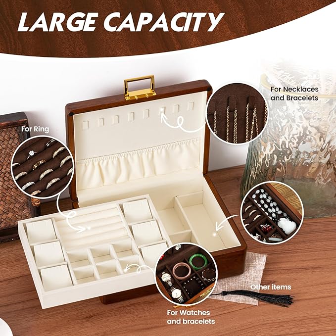 Solid Walnut Wood Jewelry Box with Lock, 2 Layer Velvet Jewelry Organizer Storage for Earrings Rings Necklaces Bracelets Cufflink, Gift Idea for Men Women, Beige