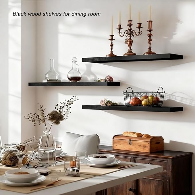 ROGMARS Black Wooden Floating Shelves for Wall 36 Inches Long,Rustic Solid Wood Farmhouse Wall Shelves with Invisible Brackets for Bathroom, Living Room, Bedroom, Kitchen Set of 3